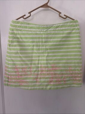 Lady Hagen Green and White Striped Mini Skirt with Pink Embroidery